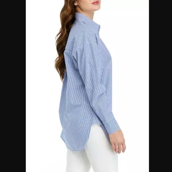Magaschoni Women's Long Sleeve Striped Oversized Shirt | Cotton Blue White | NEW - Picture 1 of 12